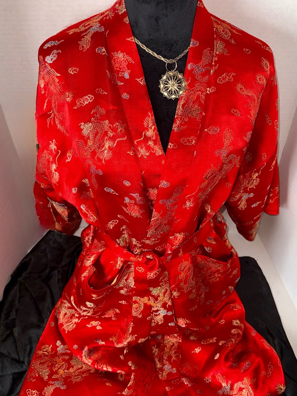 Red Satin Kimono Robe with Gold Dragon Print